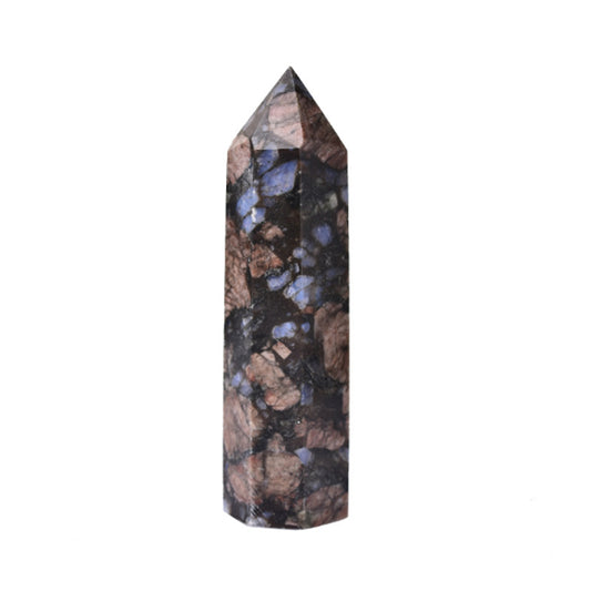 Natural labradorite hexagonal point showing blue labradorescence