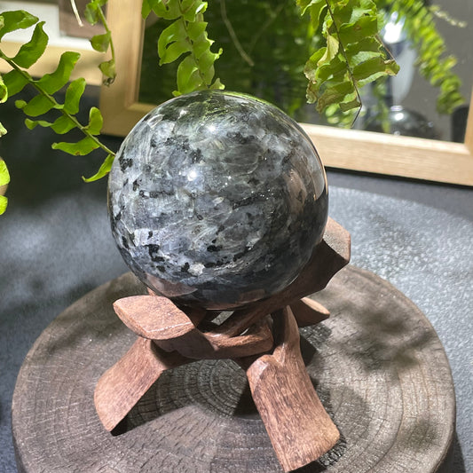 Natural labradorite crystal sphere with blue flash effect