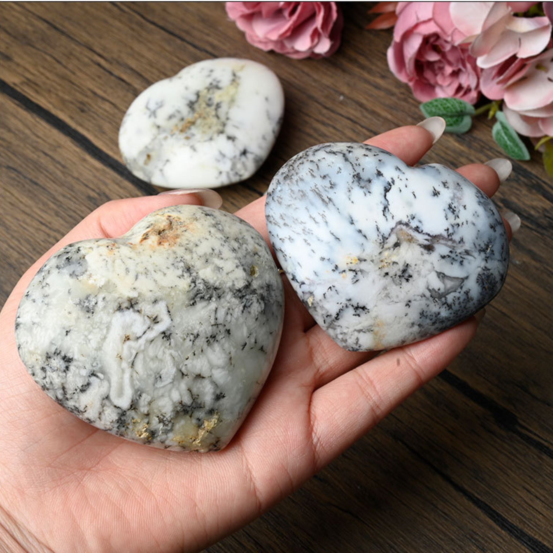 Main product shot of natural moss opal heart showing dendritic patterns and heart shape