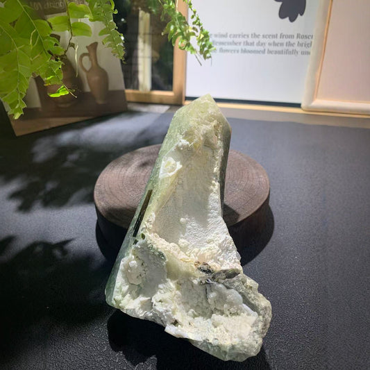Natural prehnite crystal cluster with grape-like formations and green energy