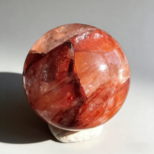 Front view of a natural Red Phantom Quartz (Garden Quartz) polished sphere with red inclusions on a stand.