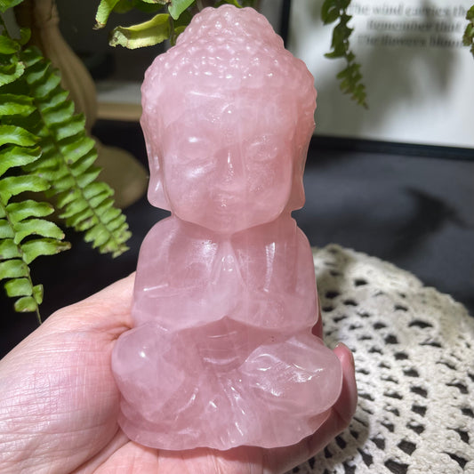 Natural rose quartz baby buddha carving for love and compassion