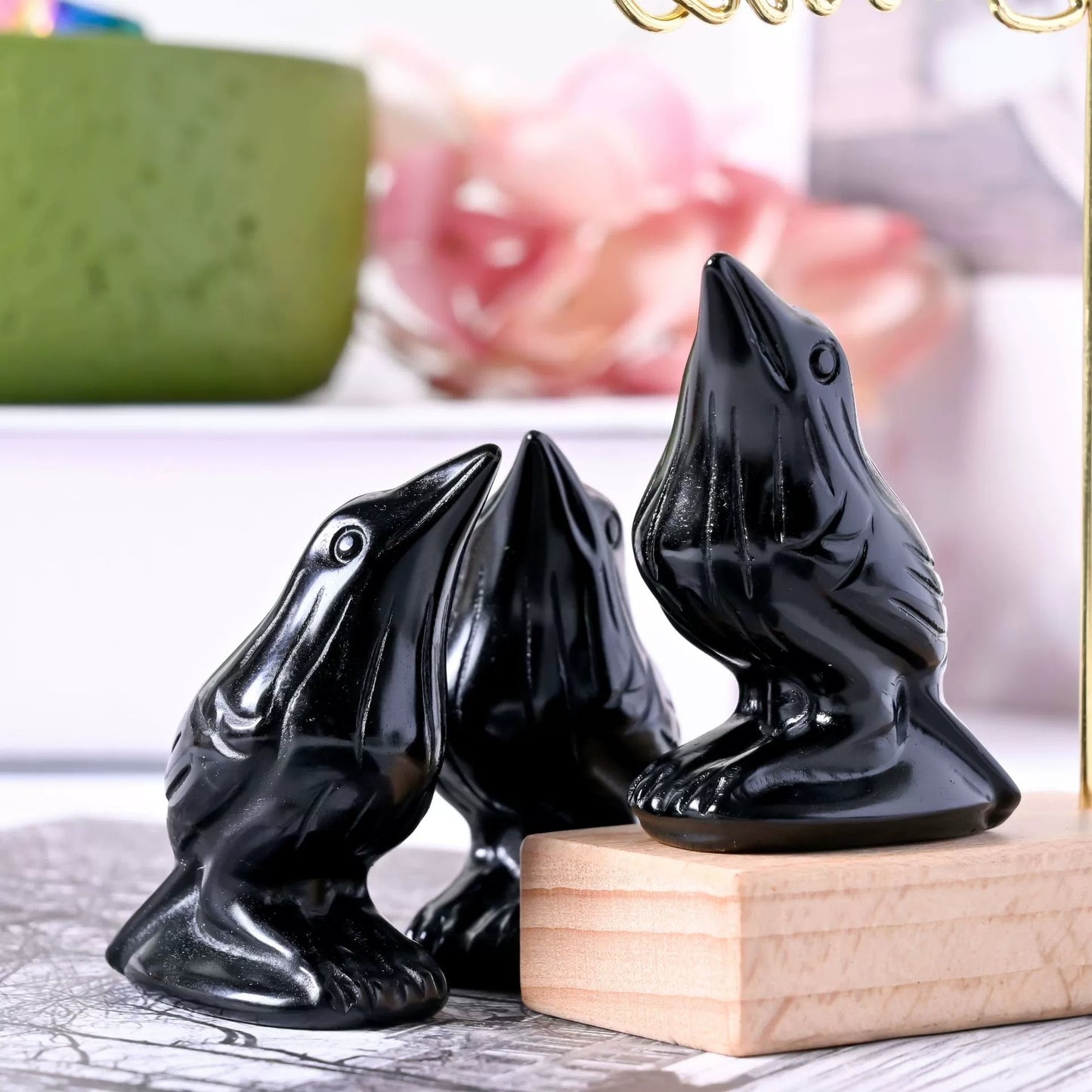 Obsidian bird for crystal collection display