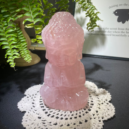 Pink crystal buddha sculpture hand carved details
