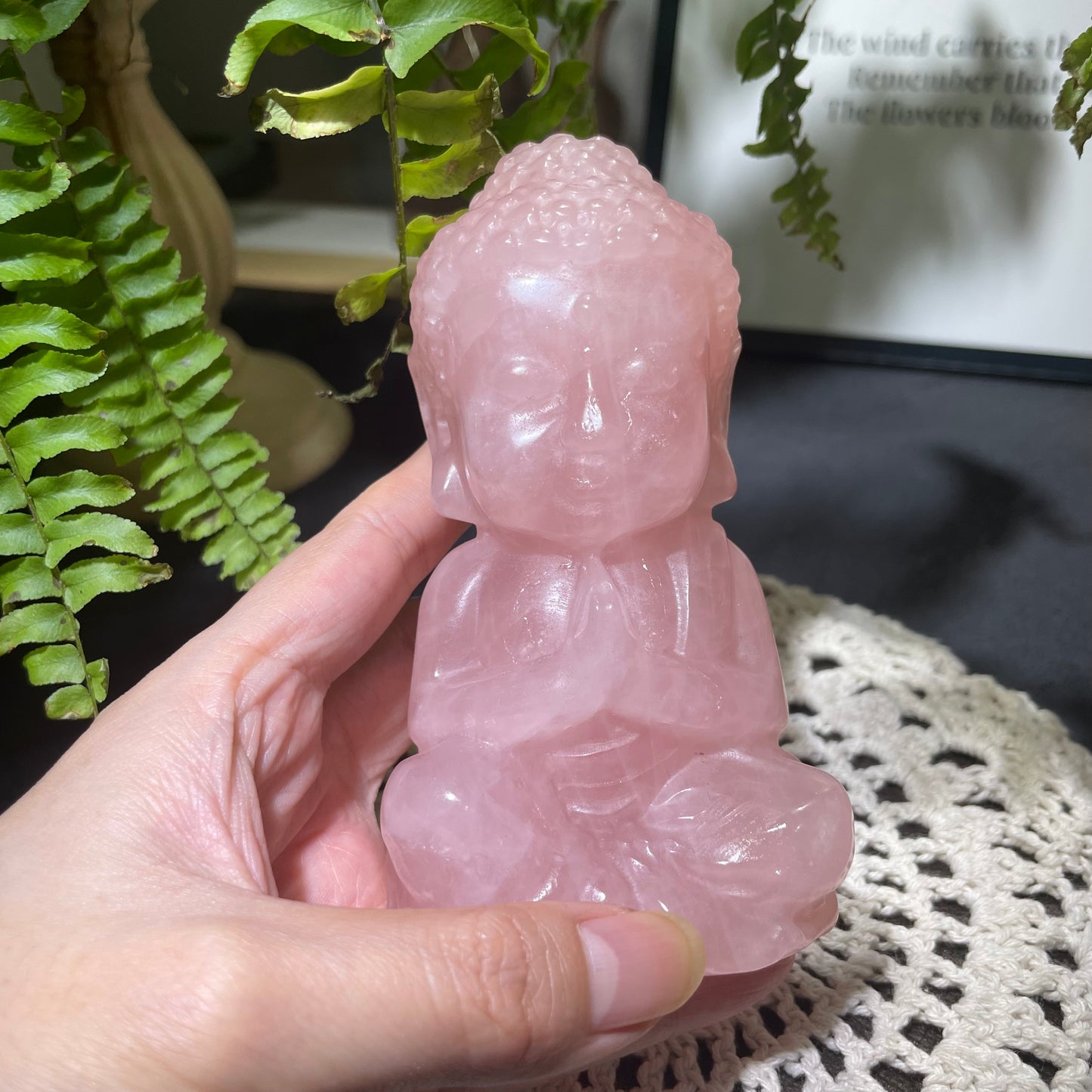 Pink crystal buddha sculpture hand carved details
