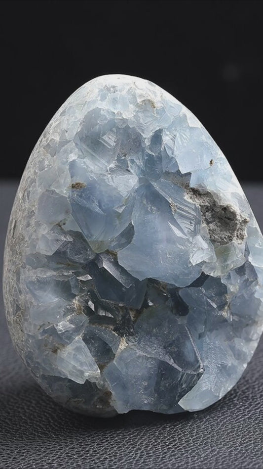 Feel the peaceful blue energy of this celestite geode as it enhances communication and promotes inner calm. Perfect for meditation and spiritual connection.