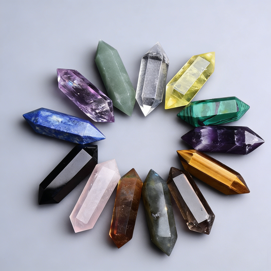 Natural triple crystal points set with clear, pink and purple quartz