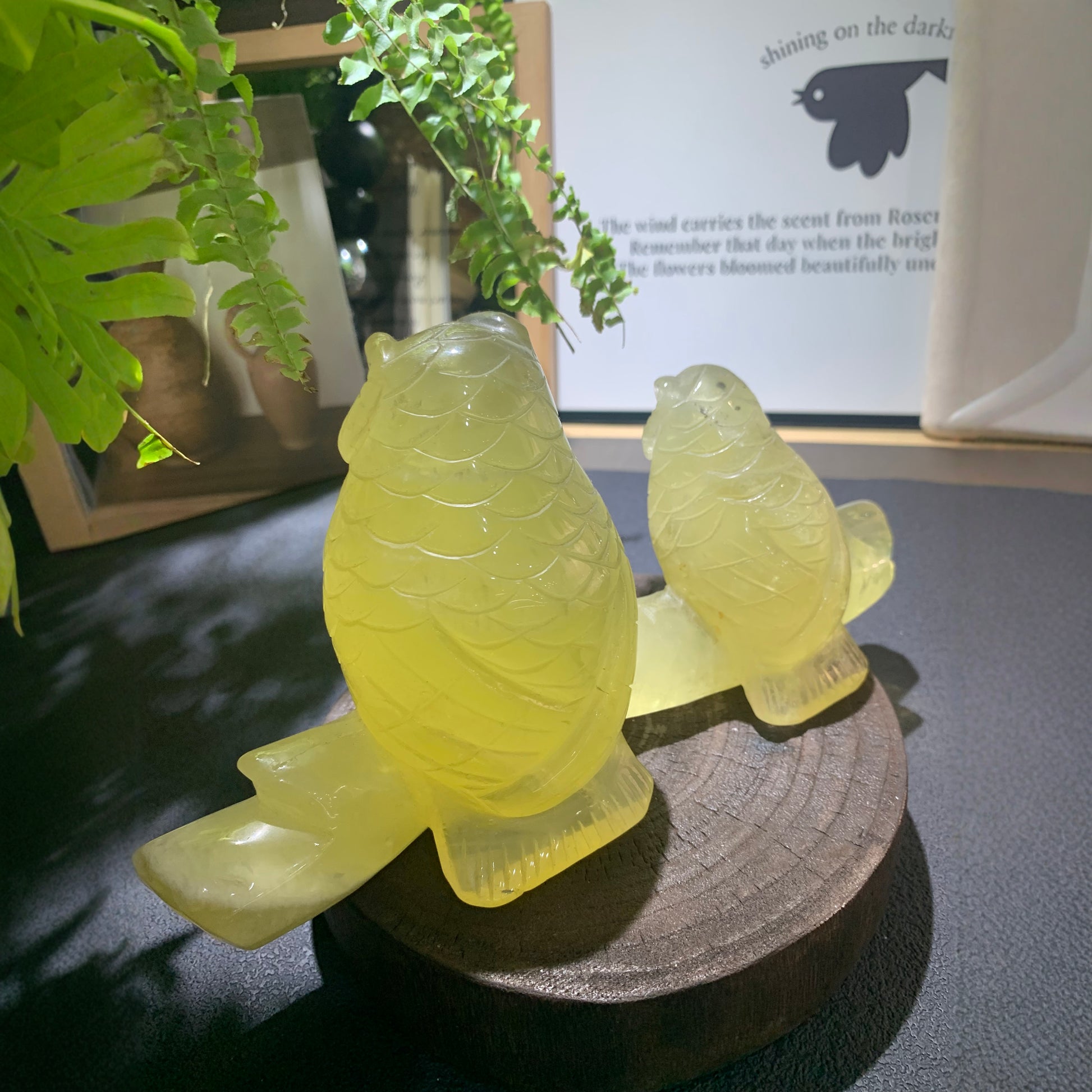 Yellow citrine owl detail showing craftsmanship